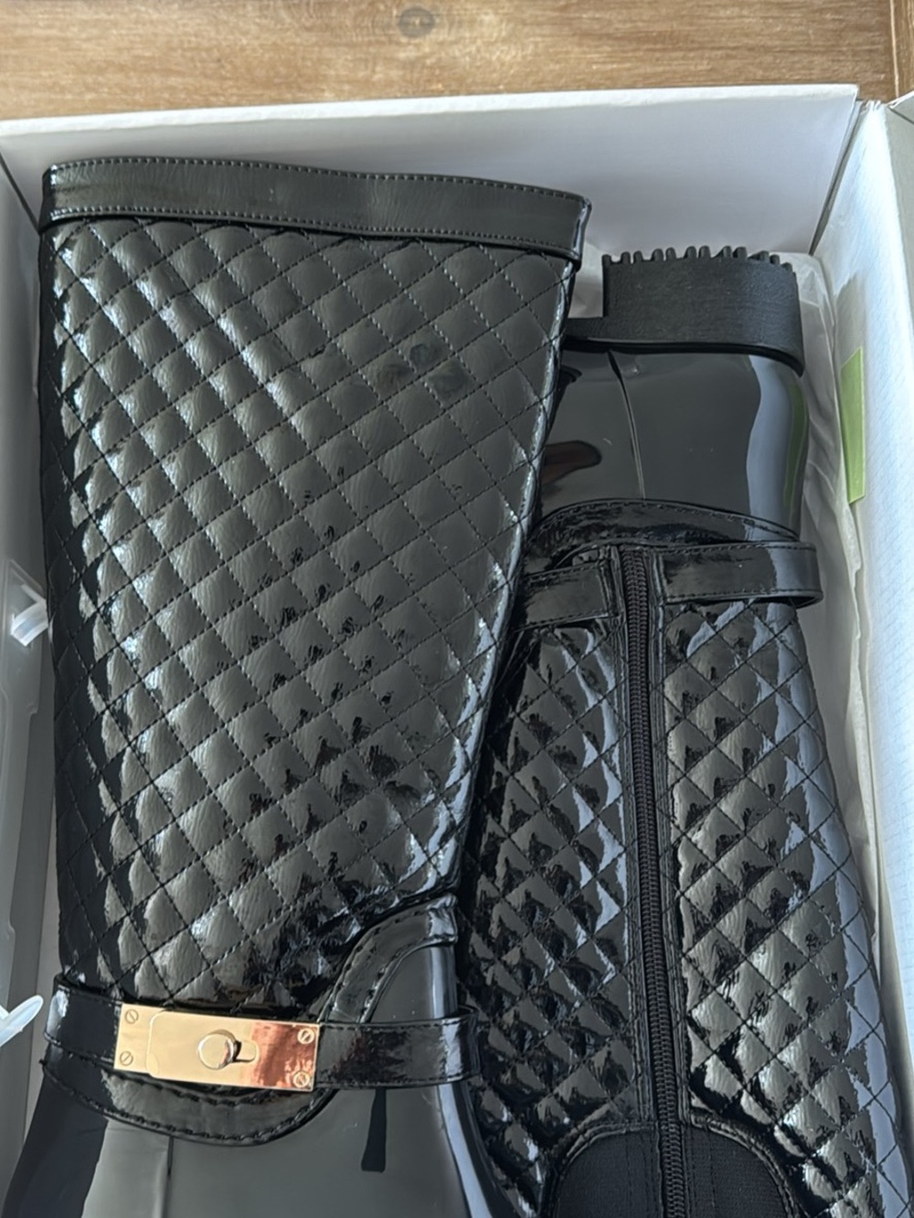 Quilted Patent Knee-High Rain Boots - Black